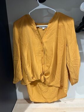 Olive & Oak Golden Mustard Button-Front Tie-Detail Blouse